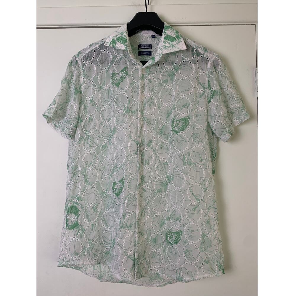 Portabella New York Embroidered Chiffon Men Shirt M Green Floral Boho